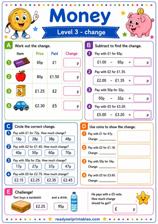 UK Money Making Change Worksheet — printable Money (UK Pounds) math worksheet