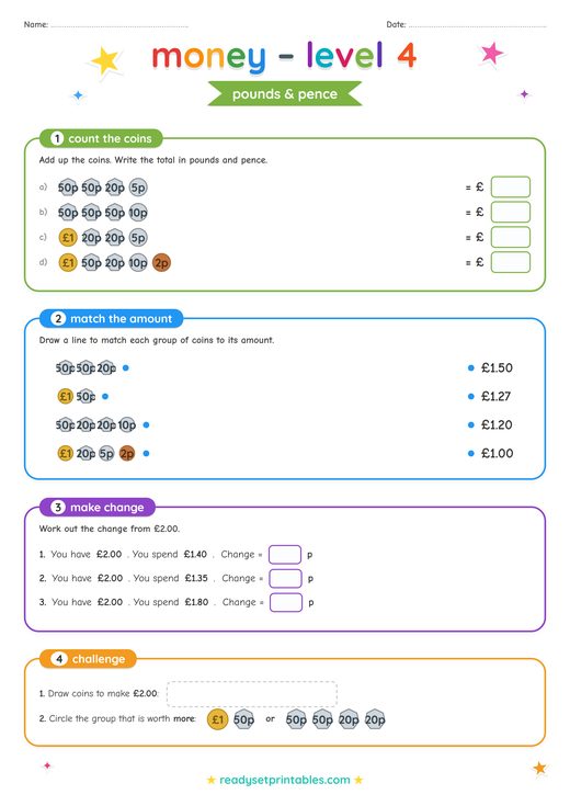 UK Money Pounds and Pence Worksheet — printable Money (UK Pounds) math worksheet