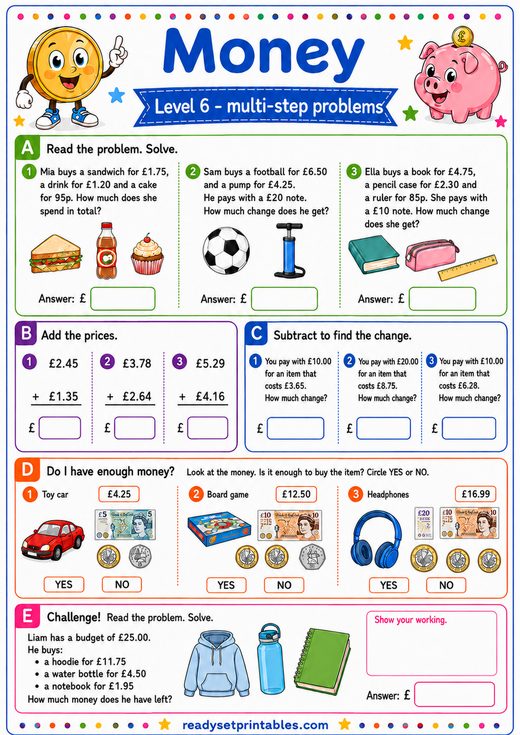 UK Money Word Problems Worksheet — printable Money (UK Pounds) math worksheet