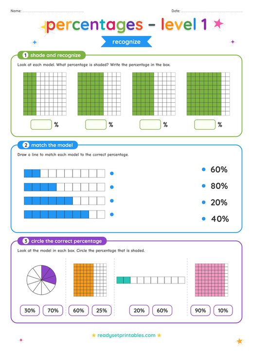 Understanding Percentages Worksheet — printable Percentages math worksheet