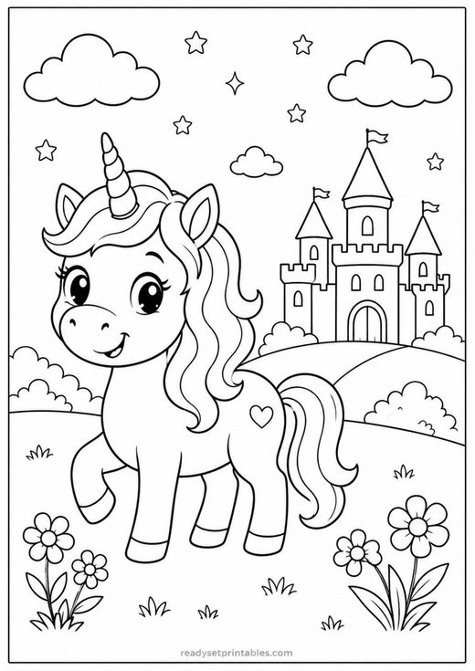 unicorn castle coloring page — free printable coloring sheet for kids