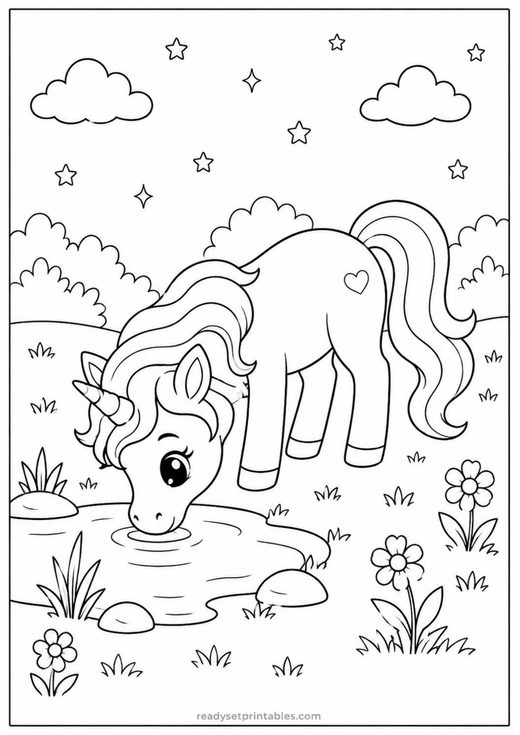 unicorn drinking coloring page — free printable coloring sheet for kids
