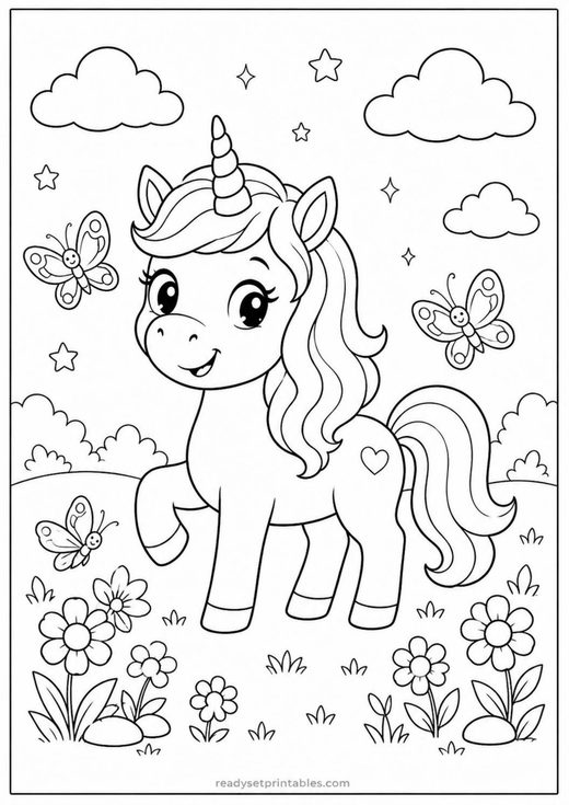 unicorn with butterflies coloring page — free printable coloring sheet for kids