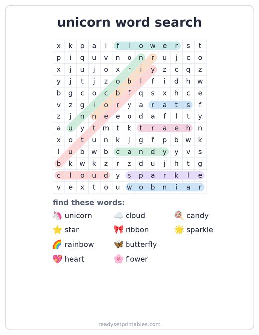 Unicorn word search answer key — free printable for kids