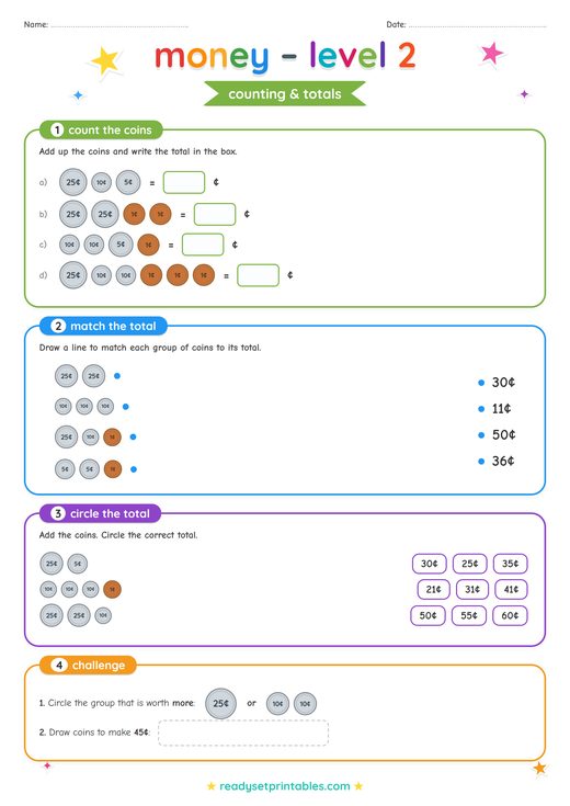 Money (US Dollars) Worksheets