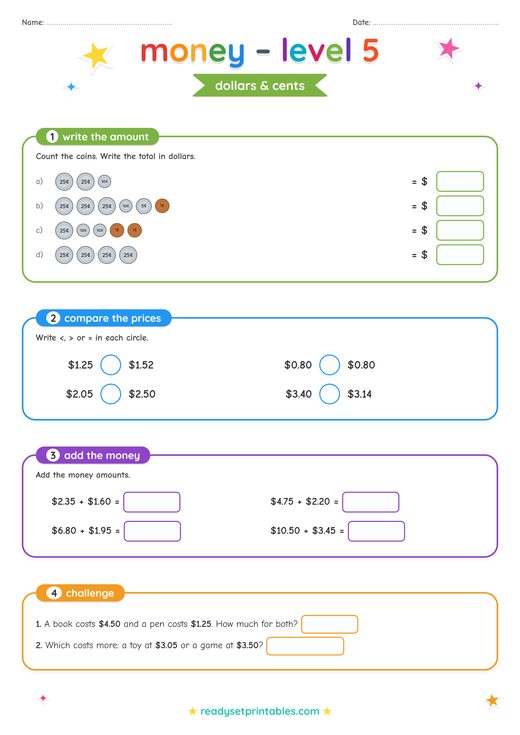 US Money Decimals Worksheet — printable Money (US Dollars) math worksheet