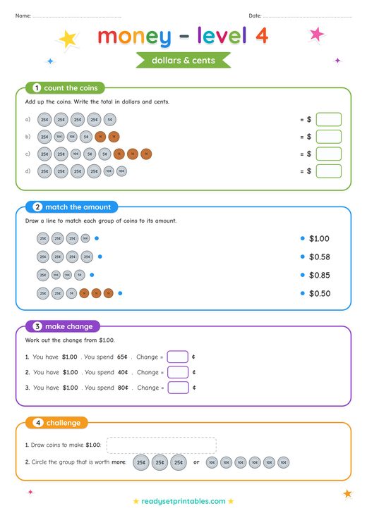 US Money Dollars and Cents Worksheet — printable Money (US Dollars) math worksheet