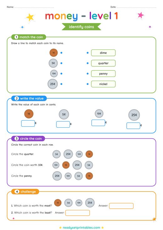 US Money Identify Coins Worksheet — printable Money (US Dollars) math worksheet