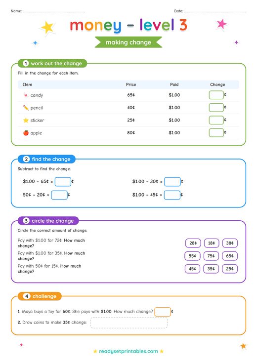 US Money Making Change Worksheet — printable Money (US Dollars) math worksheet