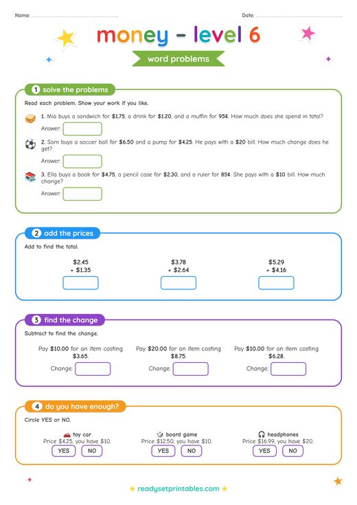 US Money Word Problems Worksheet — printable Money (US Dollars) math worksheet