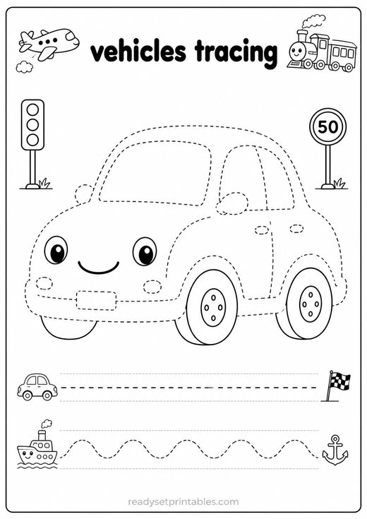 Vehicles Tracing Worksheets