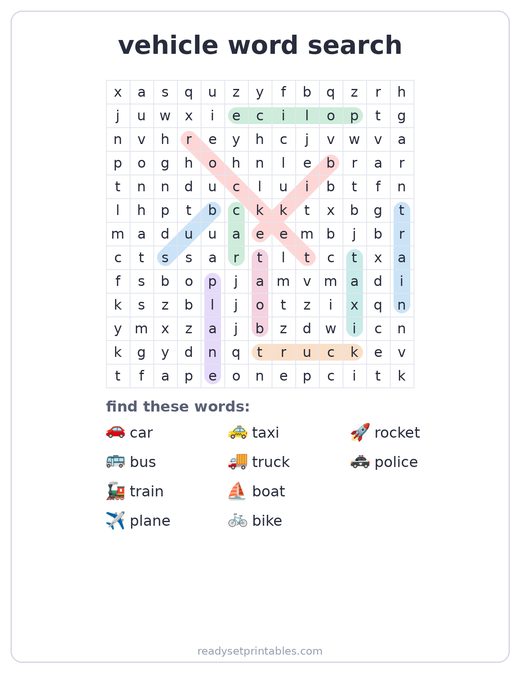 Vehicles word search answer key — free printable for kids