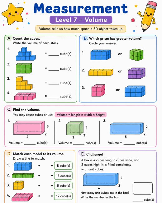 Volume Worksheet — printable Measurement math worksheet