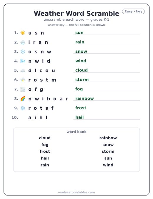 Weather word scramble puzzle, easy answer key — free printable