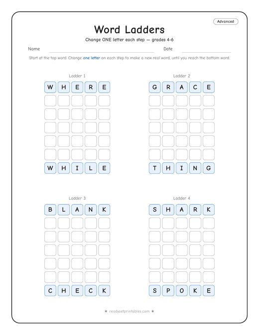 Advanced word ladder number 2 — free printable puzzle