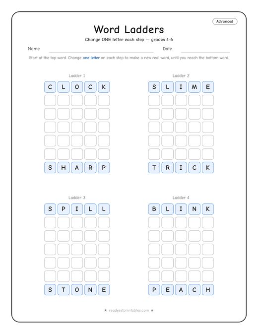 Advanced word ladder number 6 — free printable puzzle