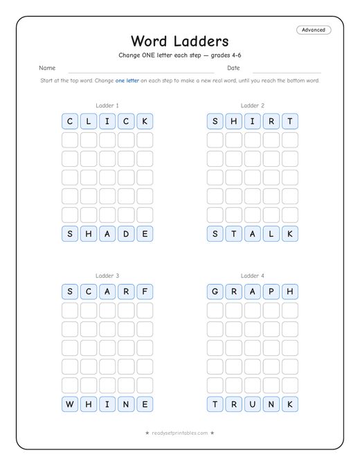 Advanced word ladder number 7 — free printable puzzle