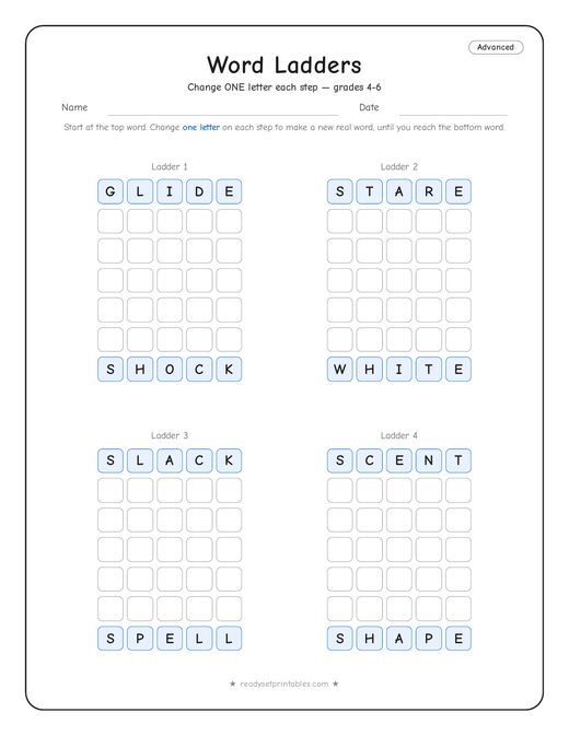 Advanced word ladder number 8 — free printable puzzle