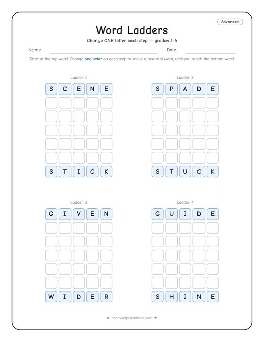 Advanced word ladder number 10 — free printable puzzle
