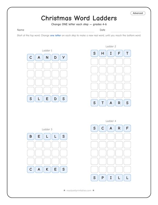 christmas word ladder puzzle, advanced level, number 1 — free printable