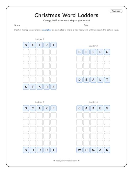 christmas word ladder puzzle, advanced level, number 2 — free printable