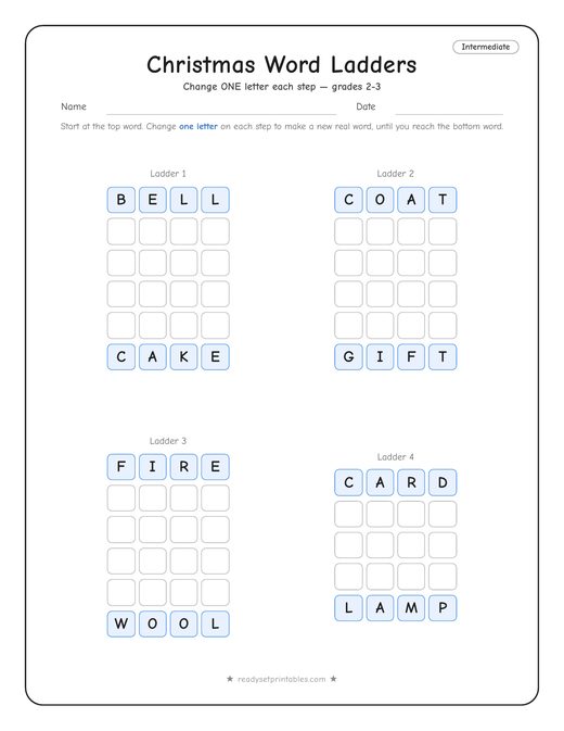 christmas word ladder puzzle, intermediate level, number 1 — free printable