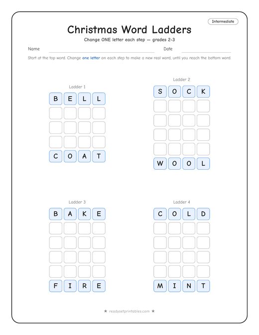 christmas word ladder puzzle, intermediate level, number 2 — free printable