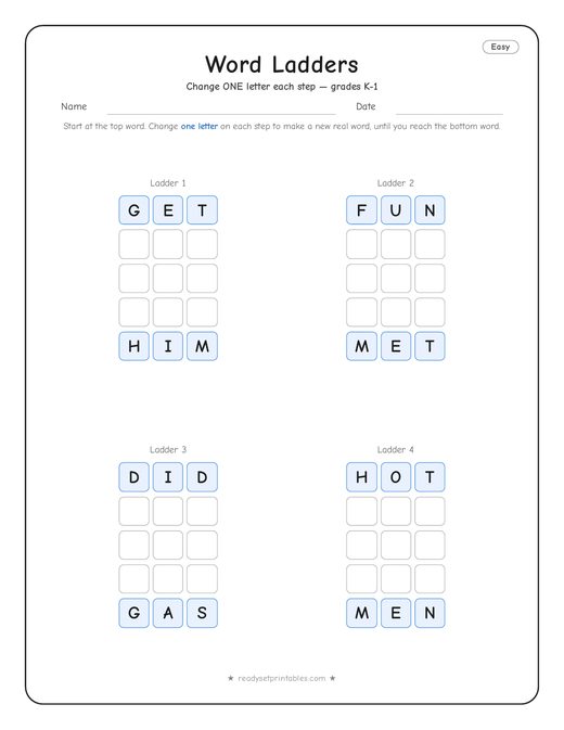 Easy word ladder number 2 — free printable puzzle