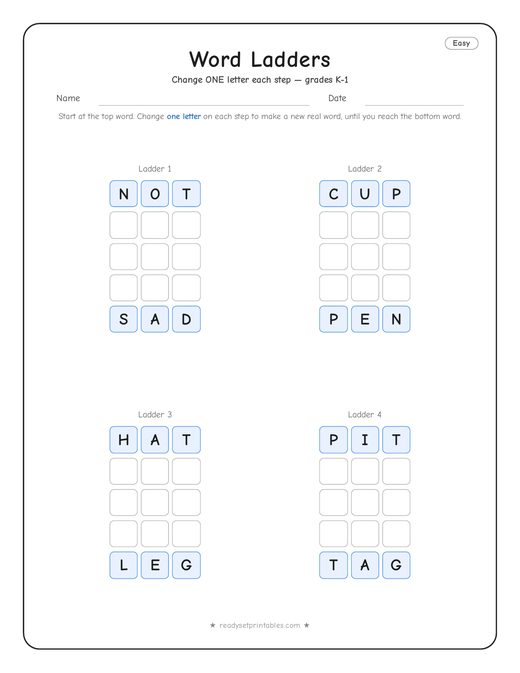 Easy word ladder number 6 — free printable puzzle