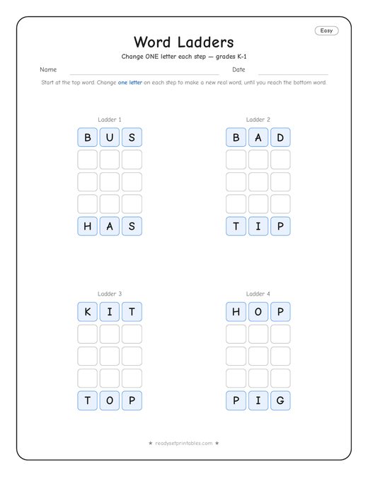Easy word ladder number 7 — free printable puzzle