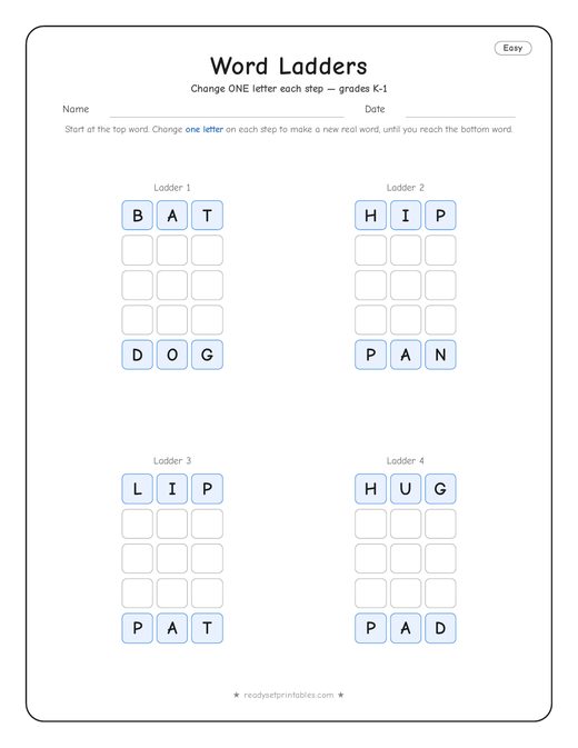 Easy word ladder number 8 — free printable puzzle