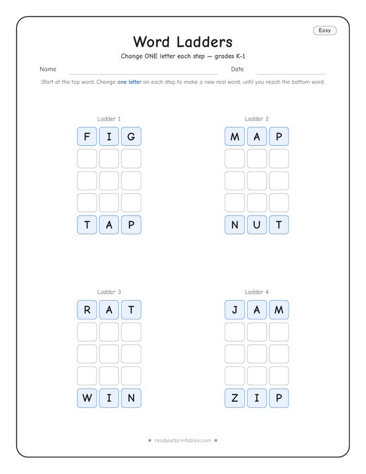 Easy word ladder number 9 — free printable puzzle