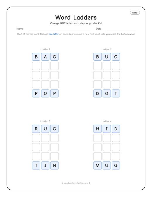 Easy word ladder number 10 — free printable puzzle
