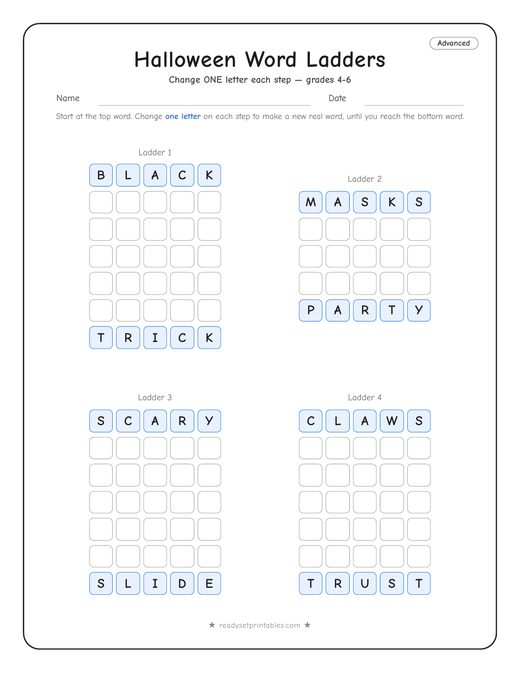 halloween word ladder puzzle, advanced level, number 1 — free printable
