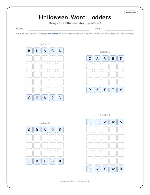 halloween word ladder puzzle, advanced level, number 2 — free printable