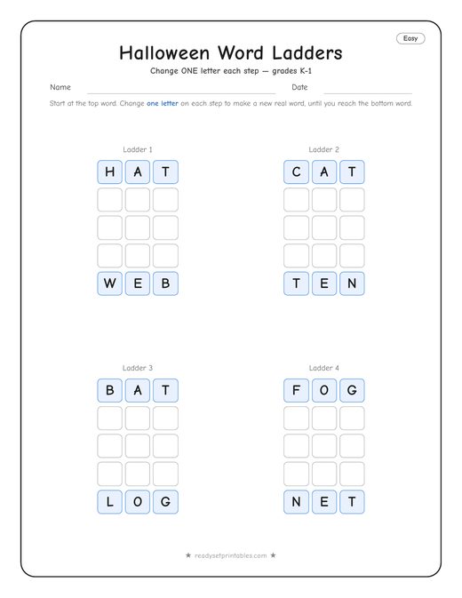 halloween word ladder puzzle, easy level, number 1 — free printable