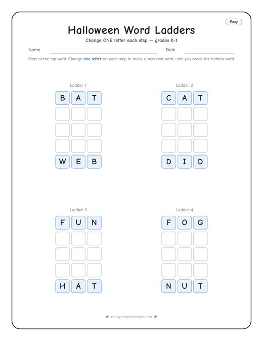 halloween word ladder puzzle, easy level, number 2 — free printable