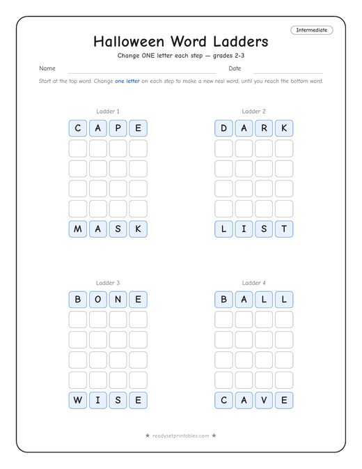 halloween word ladder puzzle, intermediate level, number 1 — free printable