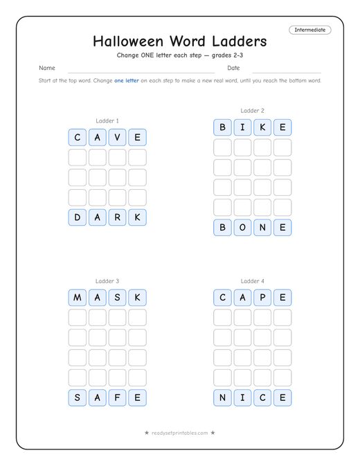 halloween word ladder puzzle, intermediate level, number 2 — free printable