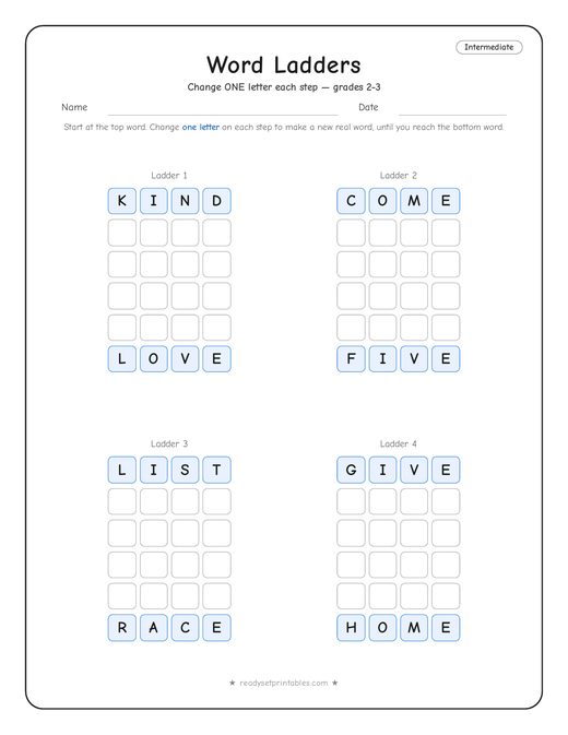 Intermediate word ladder number 2 — free printable puzzle