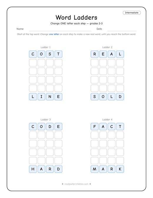 Intermediate word ladder number 3 — free printable puzzle