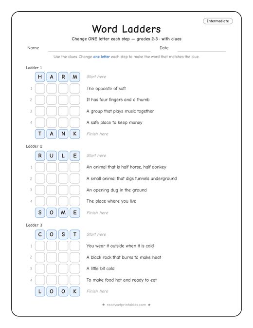 Intermediate word ladder number 15 — free printable puzzle